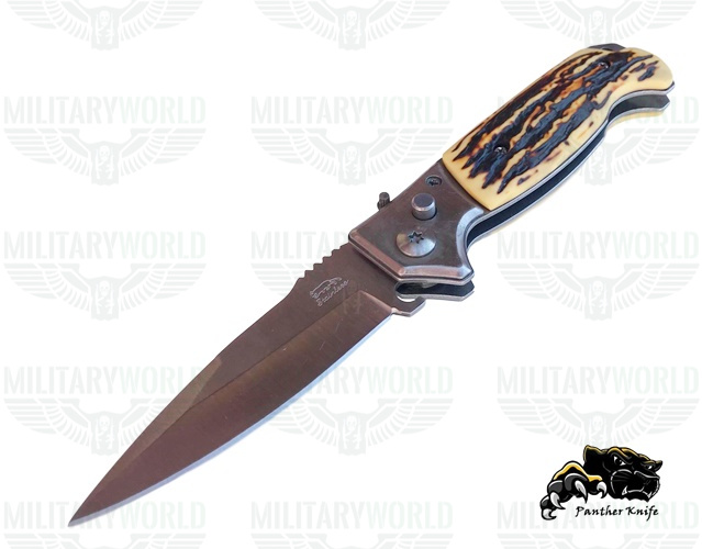 BEARDOWN LARGE STAG BONE HANDLE AUTOMATIC KNIFE KNIVESINDIA